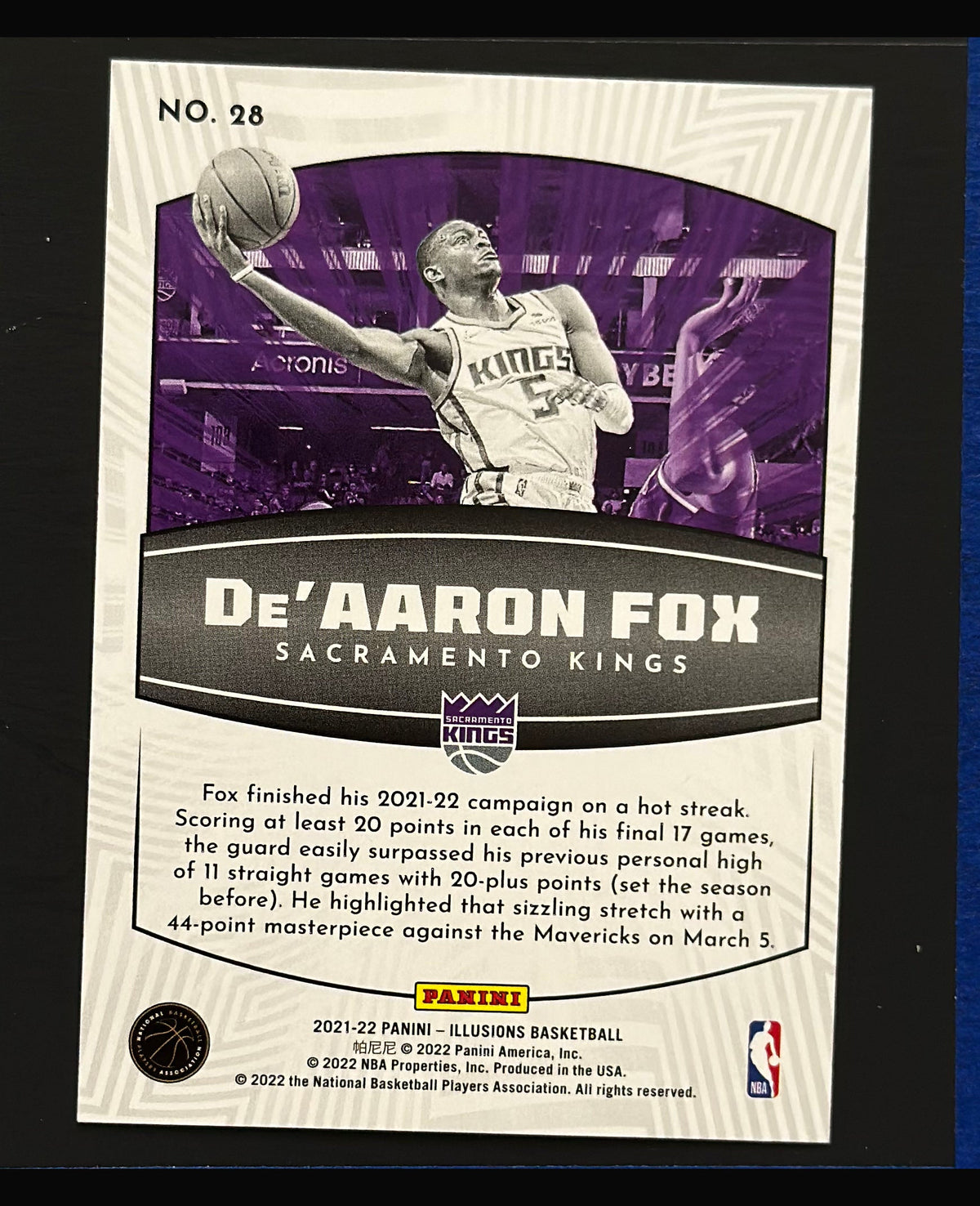 2021-22 Panini Illusions Operation Detonation Emerald De'Aaron Fox #28 — back