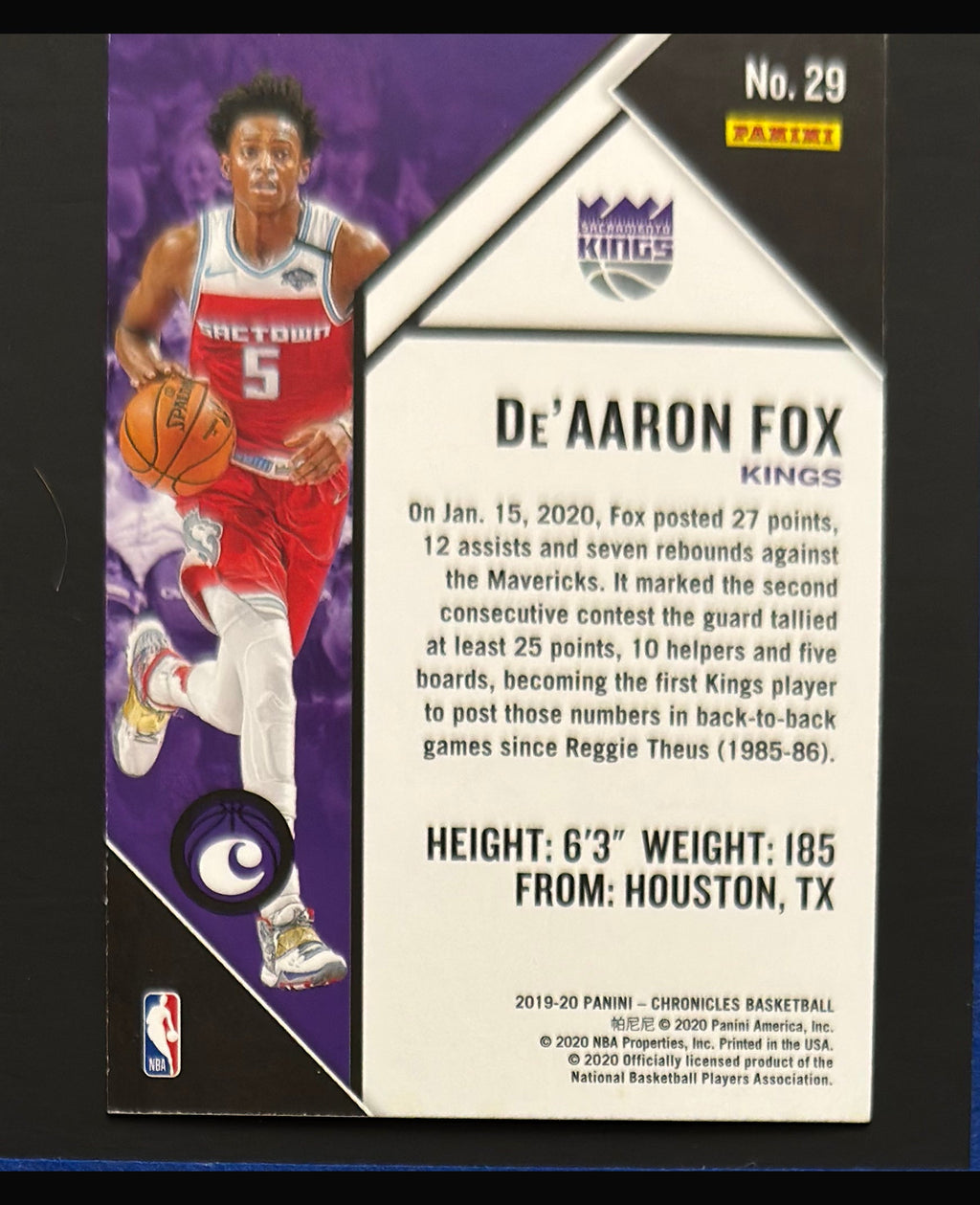 2019-20 Panini Chronicles De'Aaron Fox #29 — back