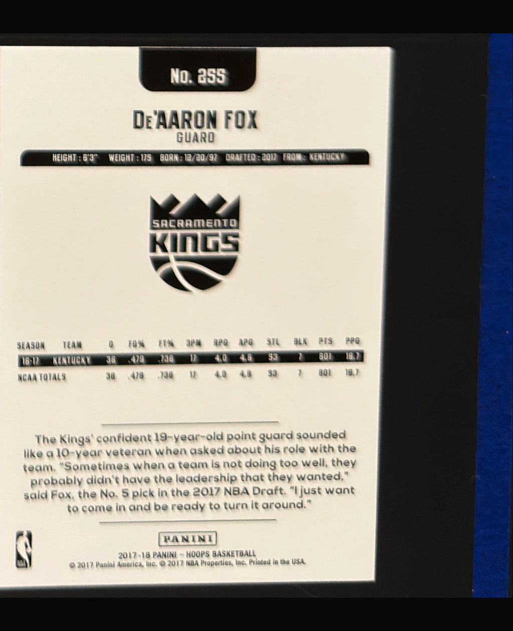 2017-18 Panini NBA Hoops De'Aaron Fox RC #255 — back