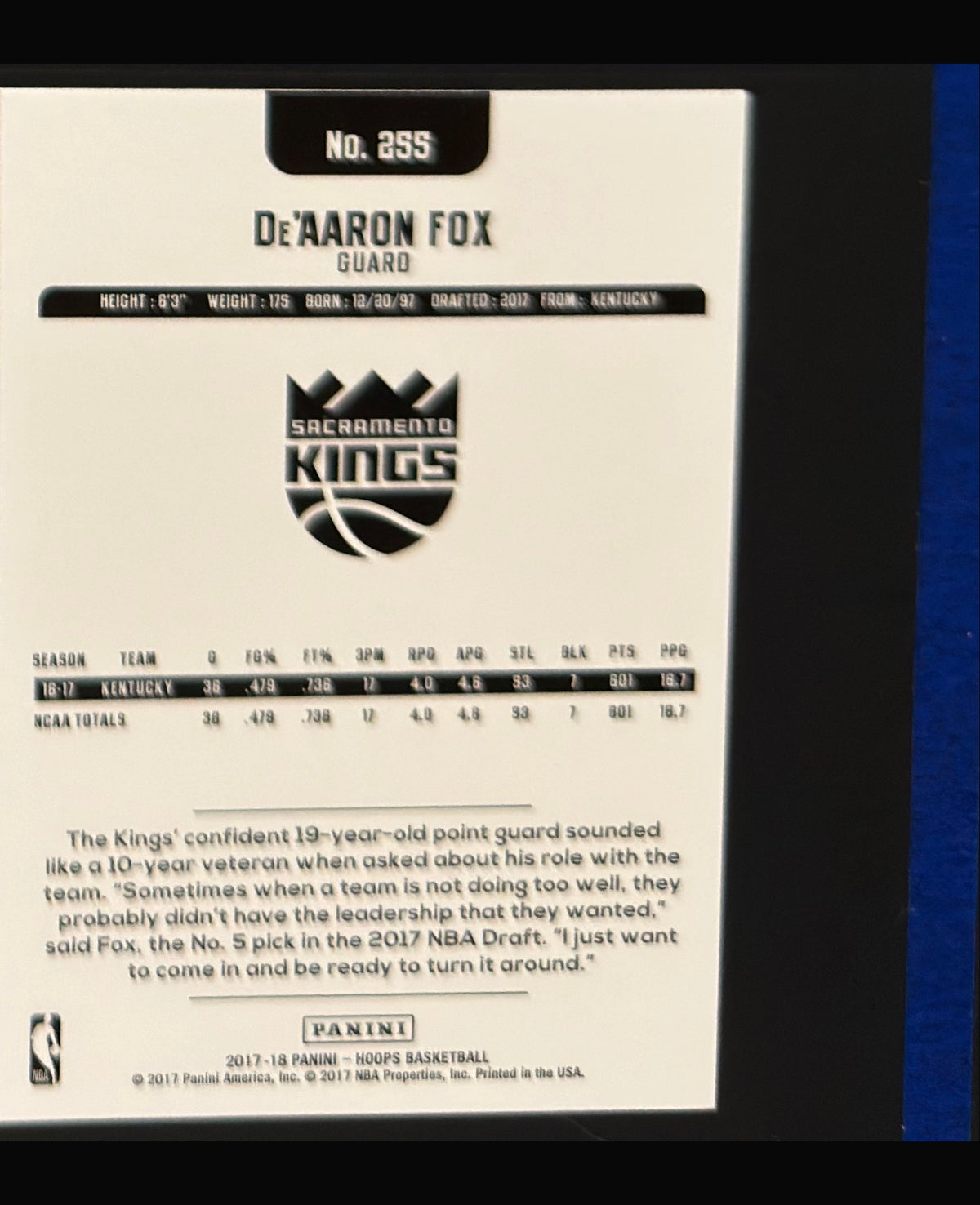 2017-18 Panini NBA Hoops De'Aaron Fox RC #255 — back