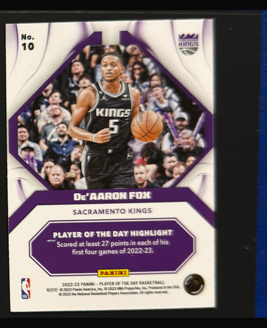 2022-23 Panini NBA Player of the Day De'Aaron Fox #10 — back