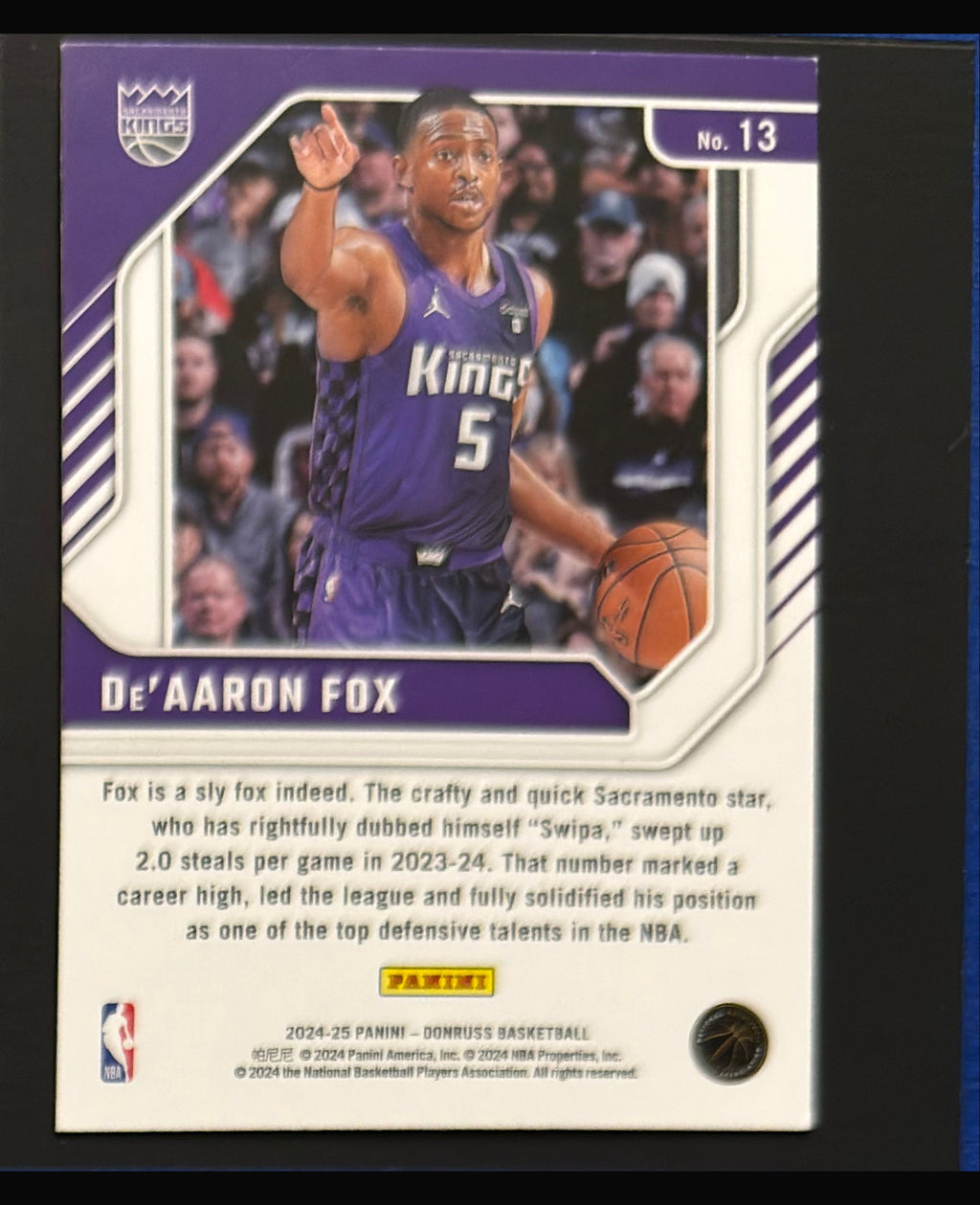 2024-25 Panini Donruss Franchise Features De'Aaron Fox #13 — back