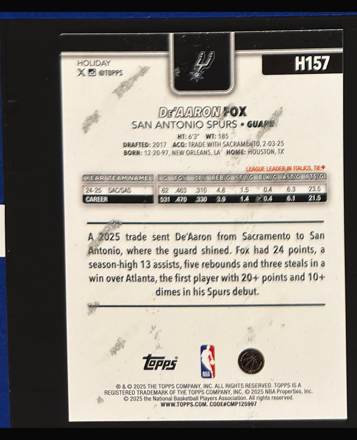 2025-26 Topps Holiday Holiday Glitter De'Aaron Fox #H157 — back