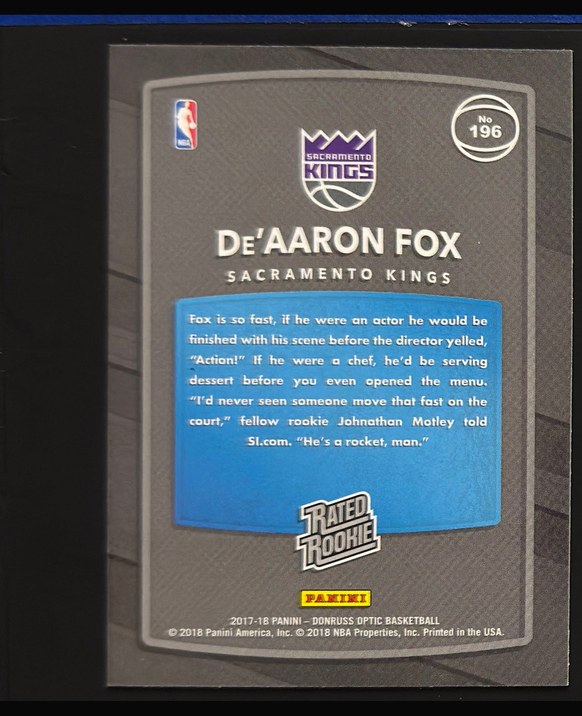 2017-18 Panini Donruss Optic Rated Rookie Mega Box Red & Yellow De'Aaron Fox RC #196 — back