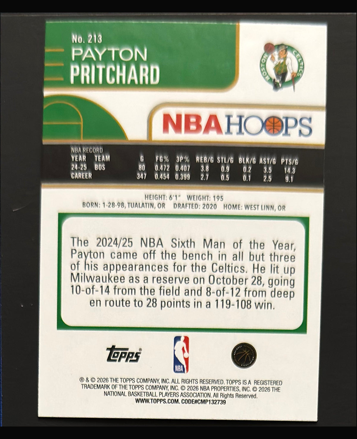 2025-26 Topps NBA Hoops Rainbow Payton Pritchard #213 — back