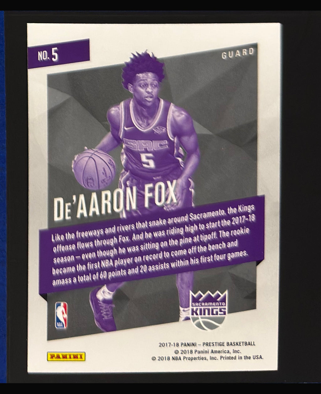 2017-18 Panini Prestige Micro Etch Rookies Bright Green De'Aaron Fox RC #5 — back