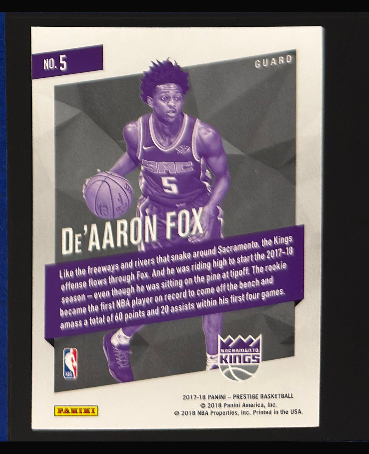 2017-18 Panini Prestige Micro Etch Rookies Bright Green De'Aaron Fox RC #5 — back