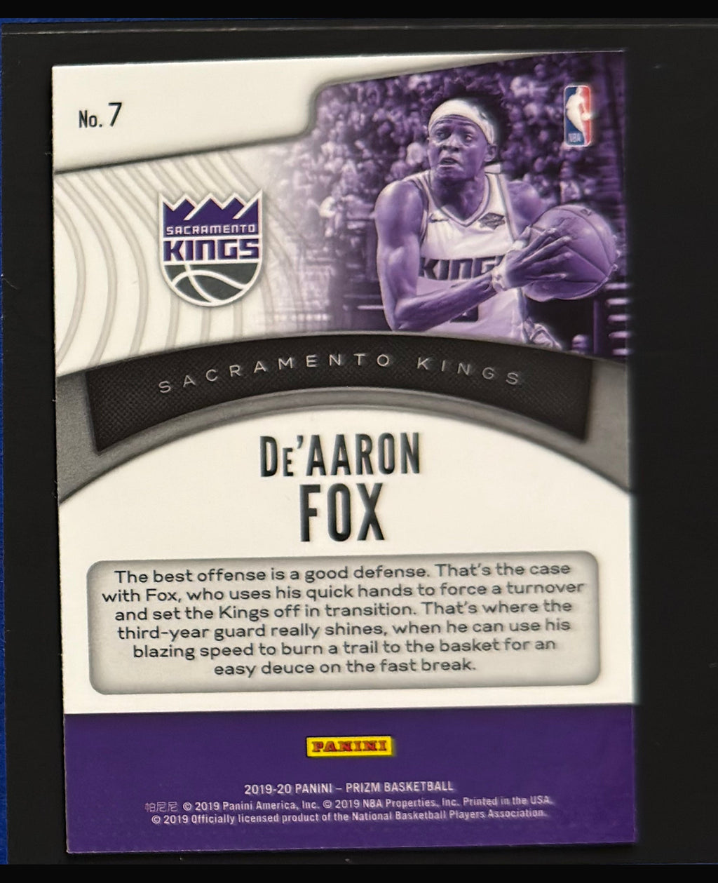 2019-20 Panini Prizm Dominance De'Aaron Fox #7 — back