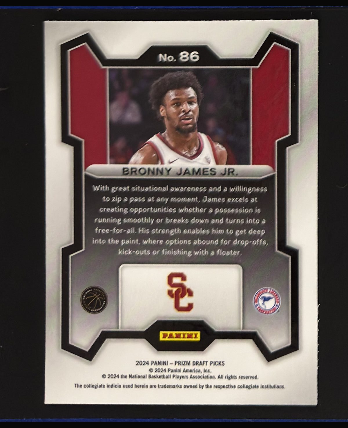 2024-25 Panini Prizm Draft Picks Bronny James Jr. RC #86 — back