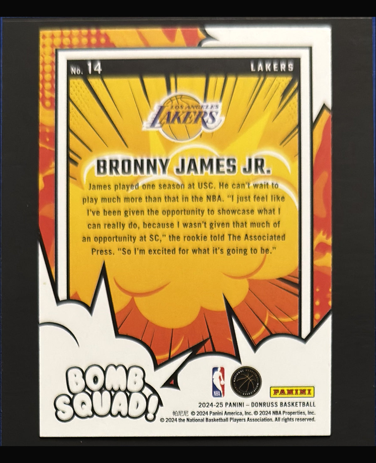 2024-25 Panini Donruss Bomb Squad! Bronny James Jr. RC #14 — back
