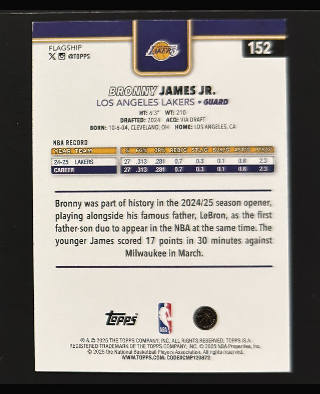 2025-26 Topps Basketball Bronny James Jr. #152 — back