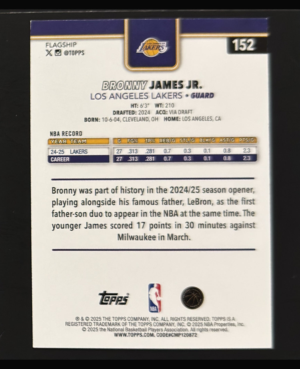 2025-26 Topps Basketball Bronny James Jr. #152 — back