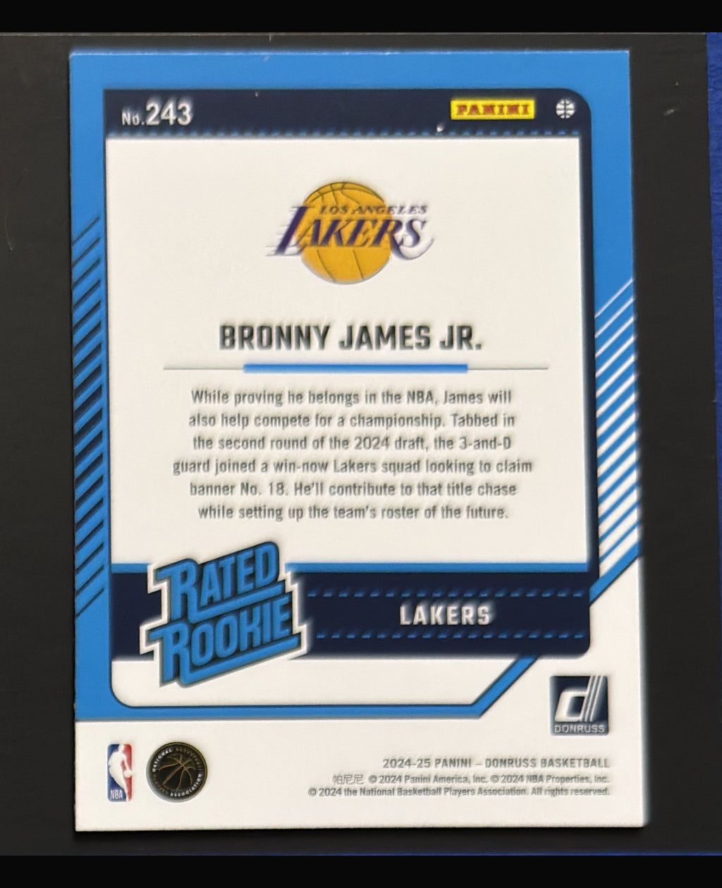 2024-25 Panini Donruss Rated Rookie Bronny James Jr. RC #243 — back
