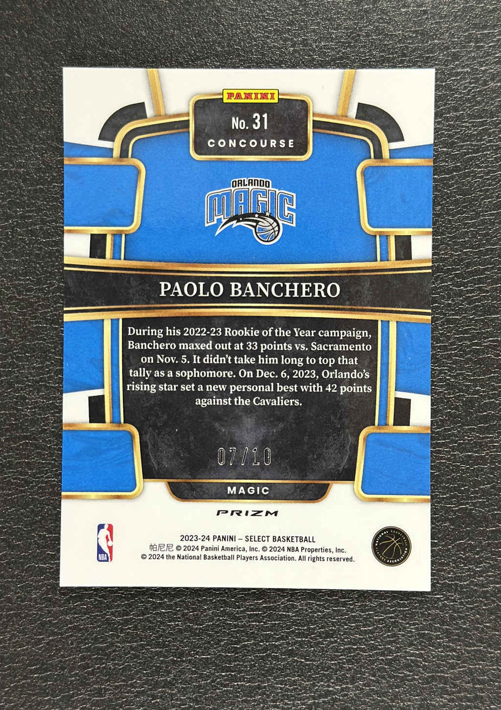 2023-24 Panini Select Paolo Banchero Concourse Gold Tectonic Prizm #31 07/10 - back