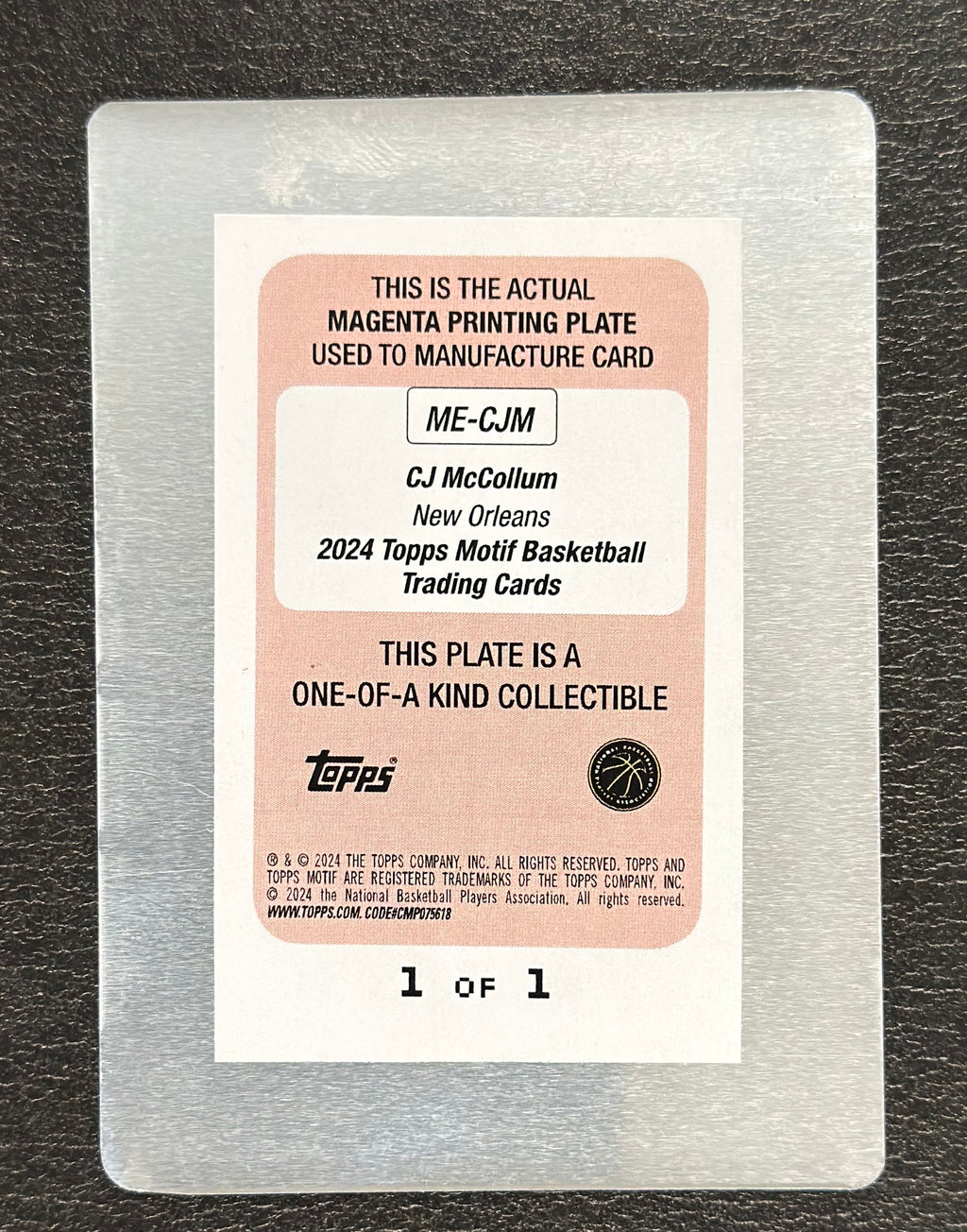 2023-24 Topps Motif CJ McCollum Motif Endorsements Magenta Printing Plate Auto #ME-CJM 1/1 - back