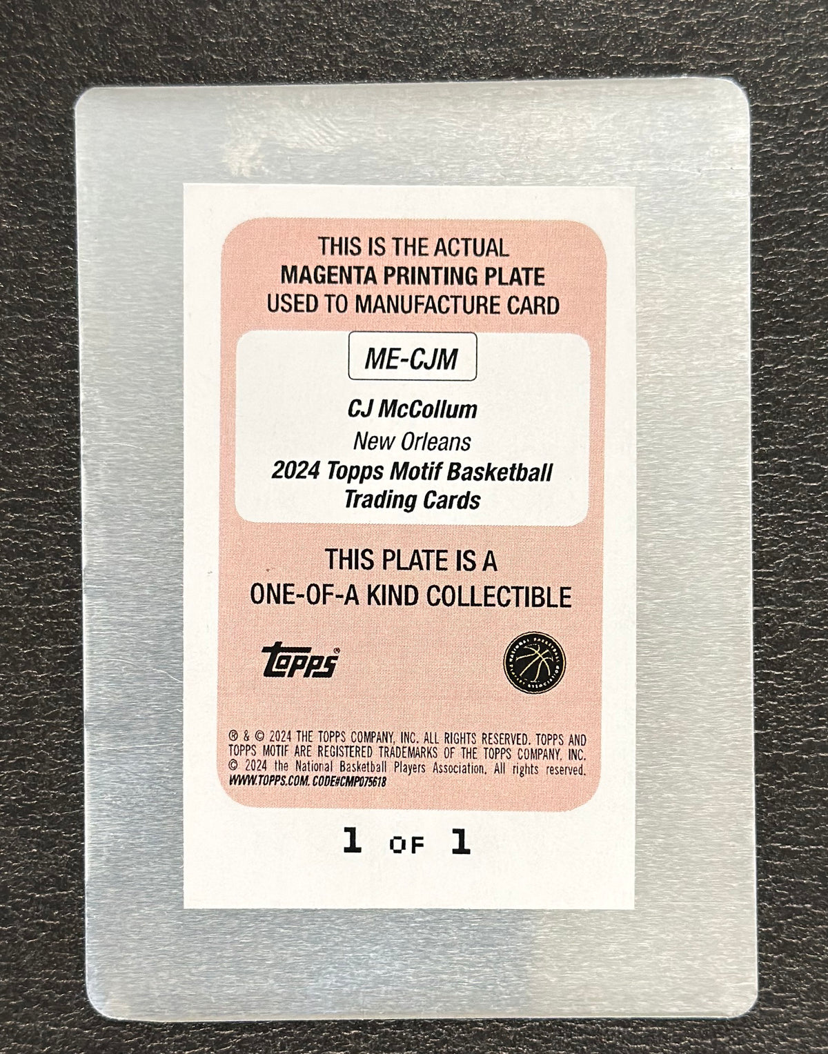 2023-24 Topps Motif CJ McCollum Motif Endorsements Magenta Printing Plate Auto #ME-CJM 1/1 - back