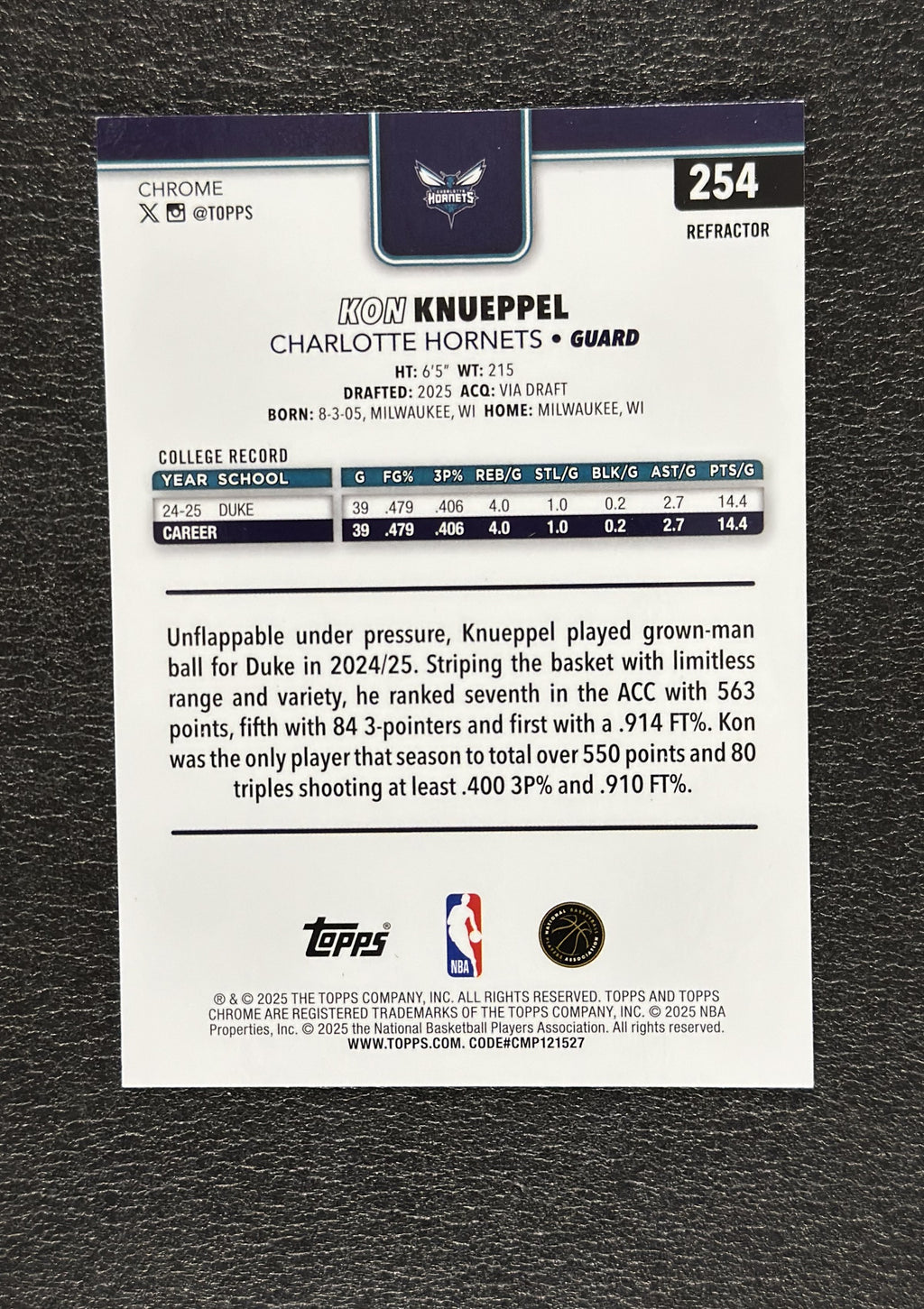 2025-26 Topps Chrome Kon Knueppel #254 Refractor RC - back