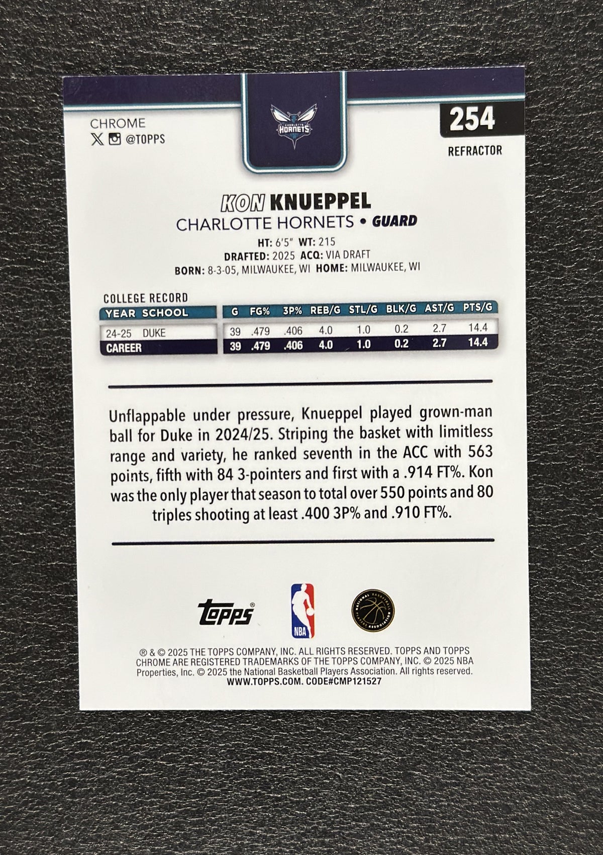 2025-26 Topps Chrome Kon Knueppel #254 Refractor RC - back