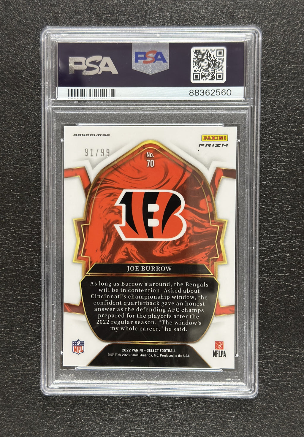 2022 Panini Select Joe Burrow Concourse Red Prizm #70 91/99 PSA 10 - back