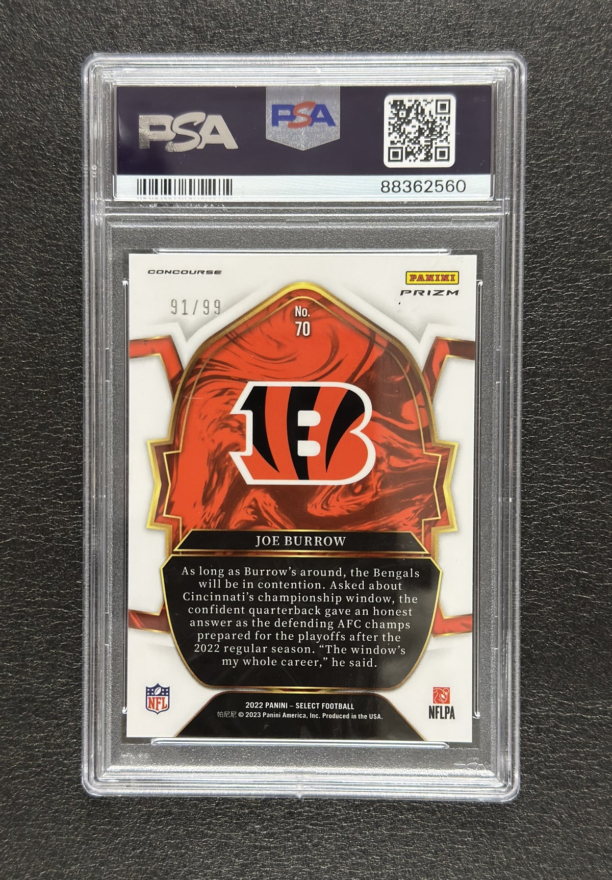 2022 Panini Select Joe Burrow Concourse Red Prizm #70 91/99 PSA 10 - back