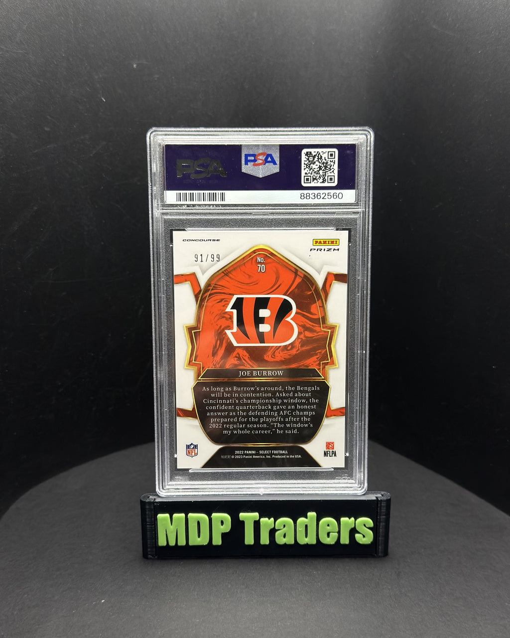2022 Panini Select Joe Burrow Concourse Red Prizm #70 91/99 PSA 10 - display back