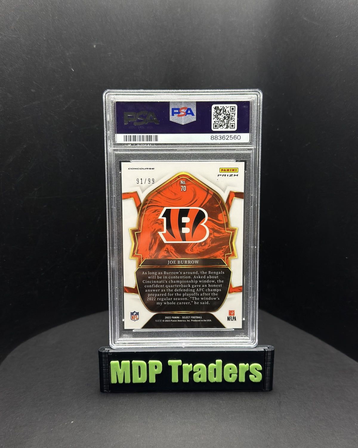2022 Panini Select Joe Burrow Concourse Red Prizm #70 91/99 PSA 10 - display back