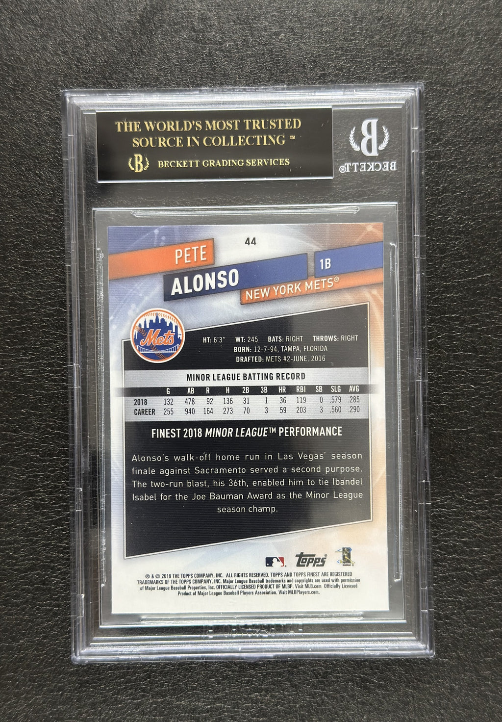 2019 Topps Finest Pete Alonso #44 RC Beckett Pristine 10 - back
