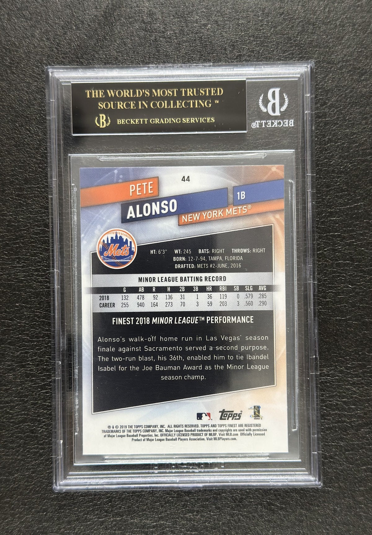 2019 Topps Finest Pete Alonso #44 RC Beckett Pristine 10 - back
