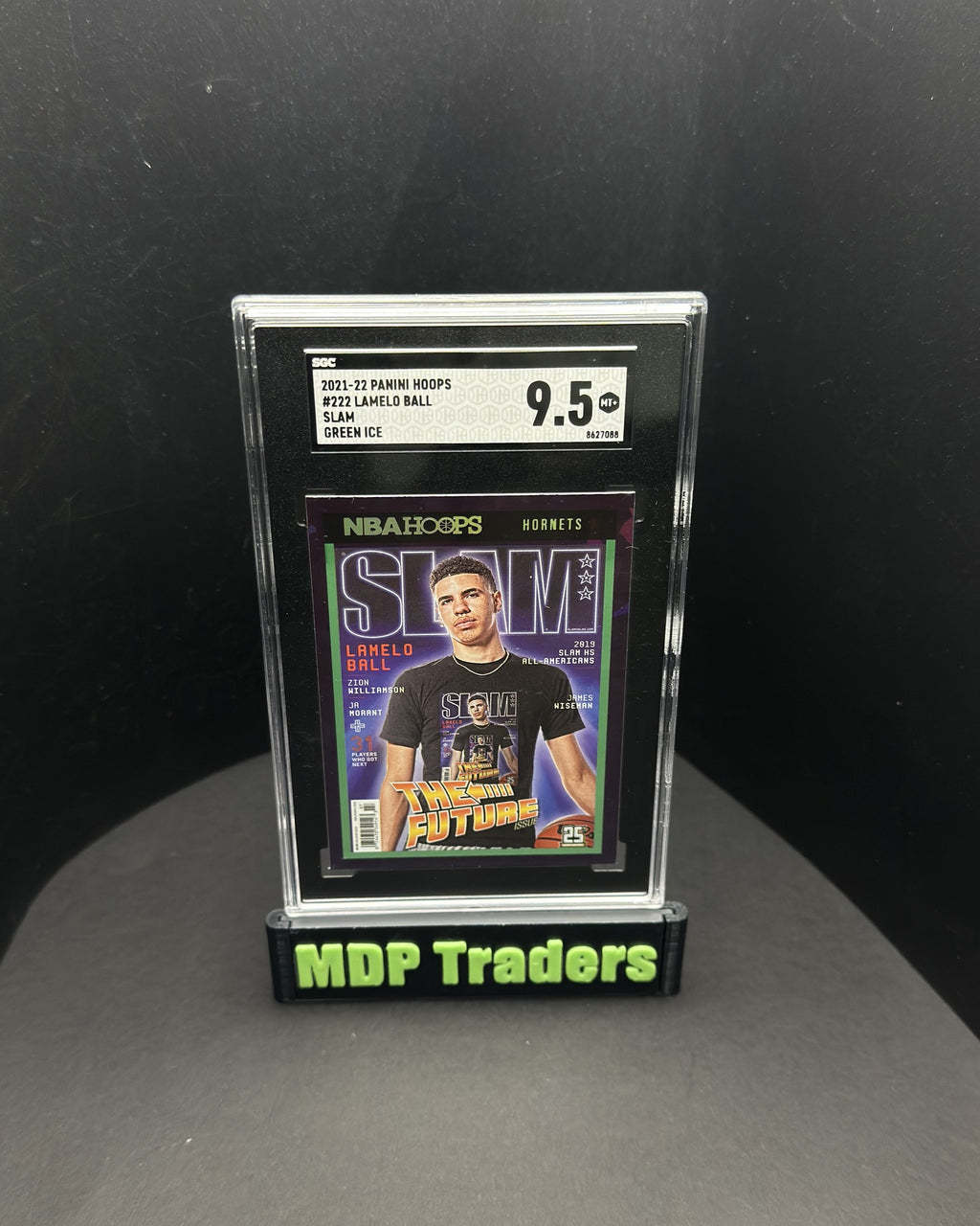 2021-22 Panini NBA Hoops LaMelo Ball SLAM Green Ice #222 SGC 9.5 - display front