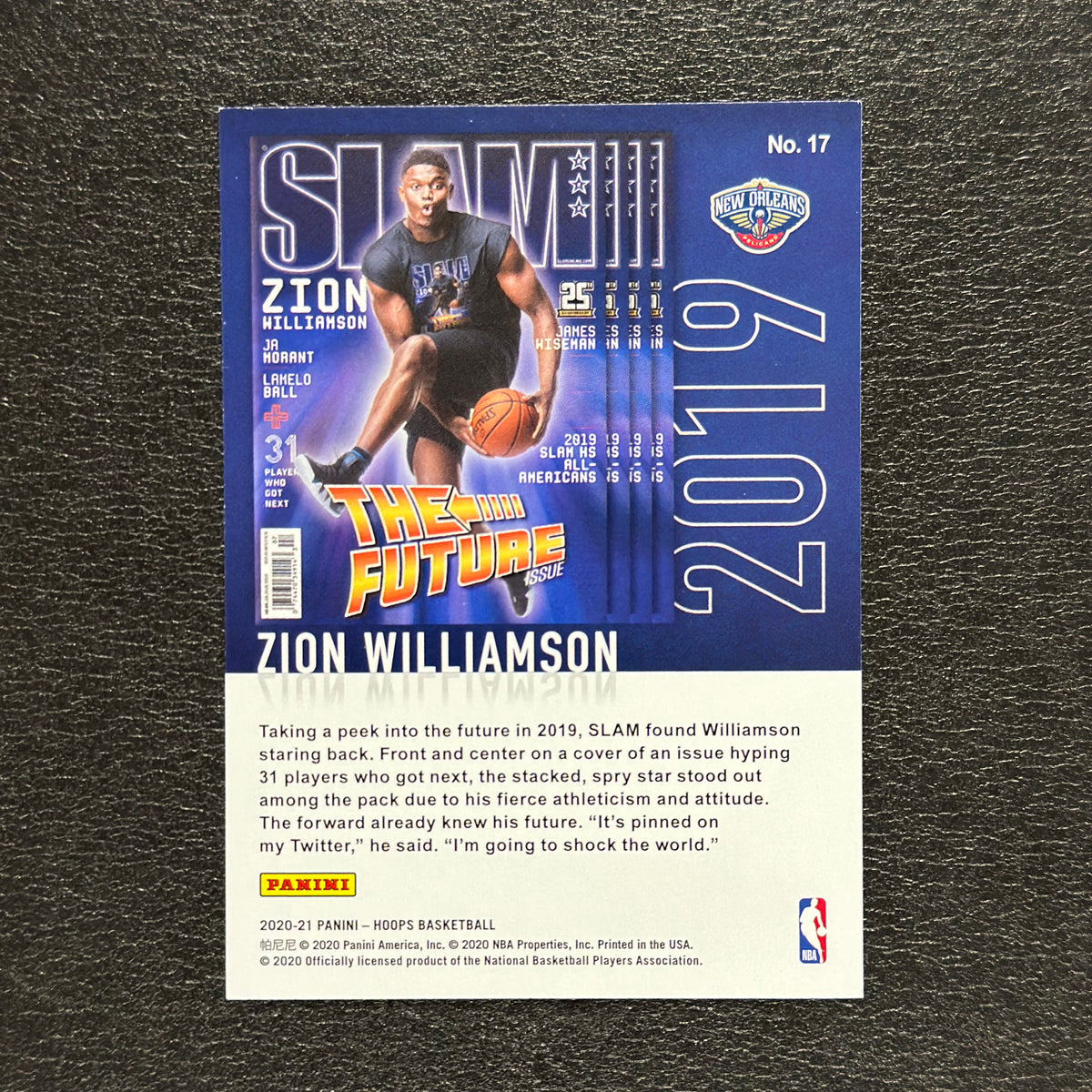 2020-21 Panini NBA Hoops Zion Williamson SLAM #17 — back view, copy 2