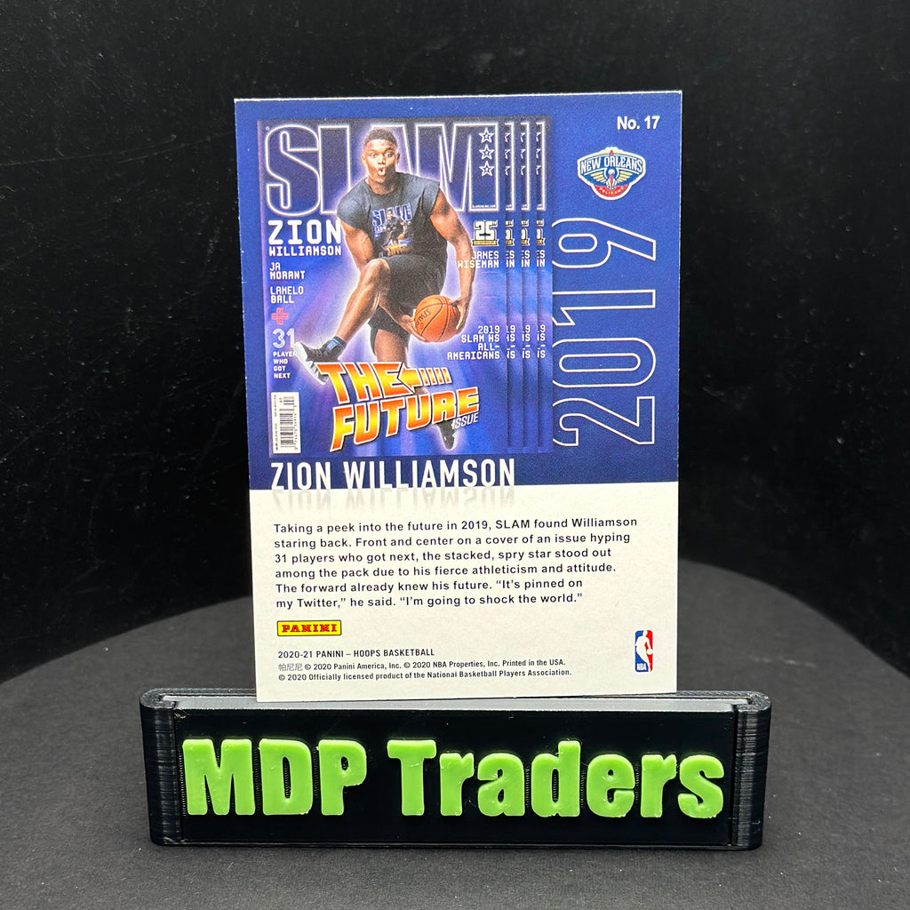 2020-21 Panini NBA Hoops Zion Williamson SLAM #17 — back display view, copy 2