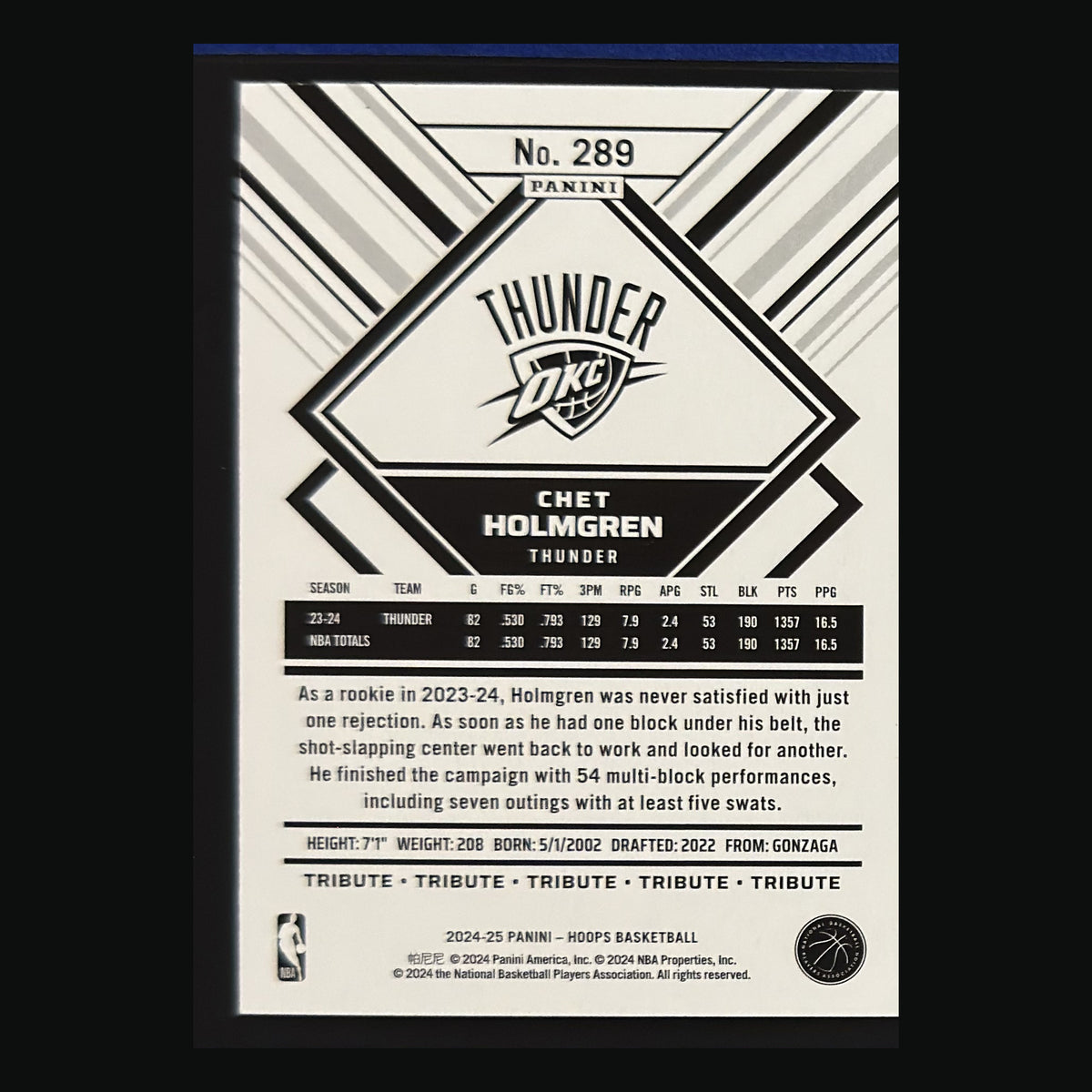 Back of 2024-25 Panini NBA Hoops Hoops Tribute Chet Holmgren #289 — exact card shown