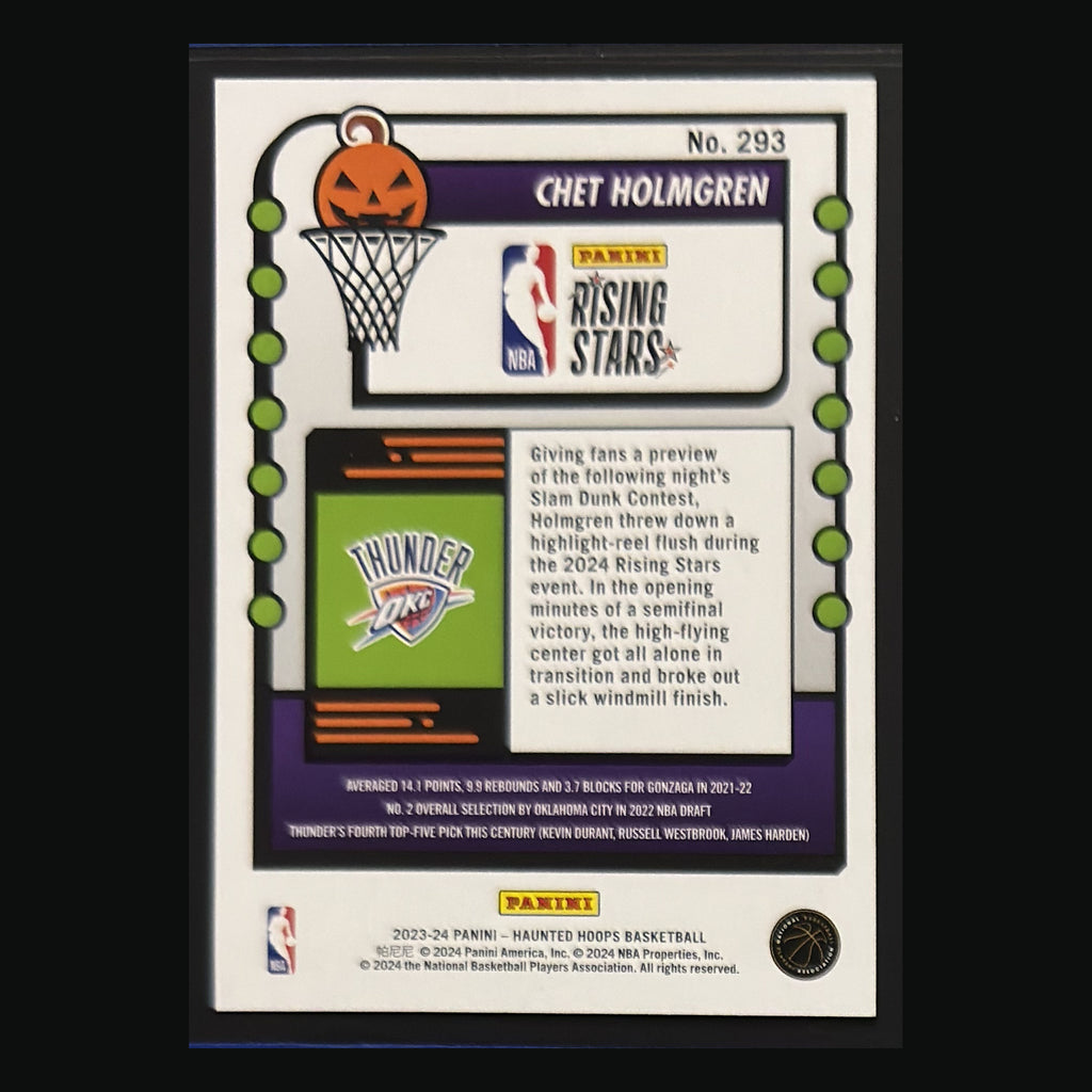 Back of 2023-24 Panini Haunted Hoops Rising Stars Chet Holmgren #293 — exact card shown