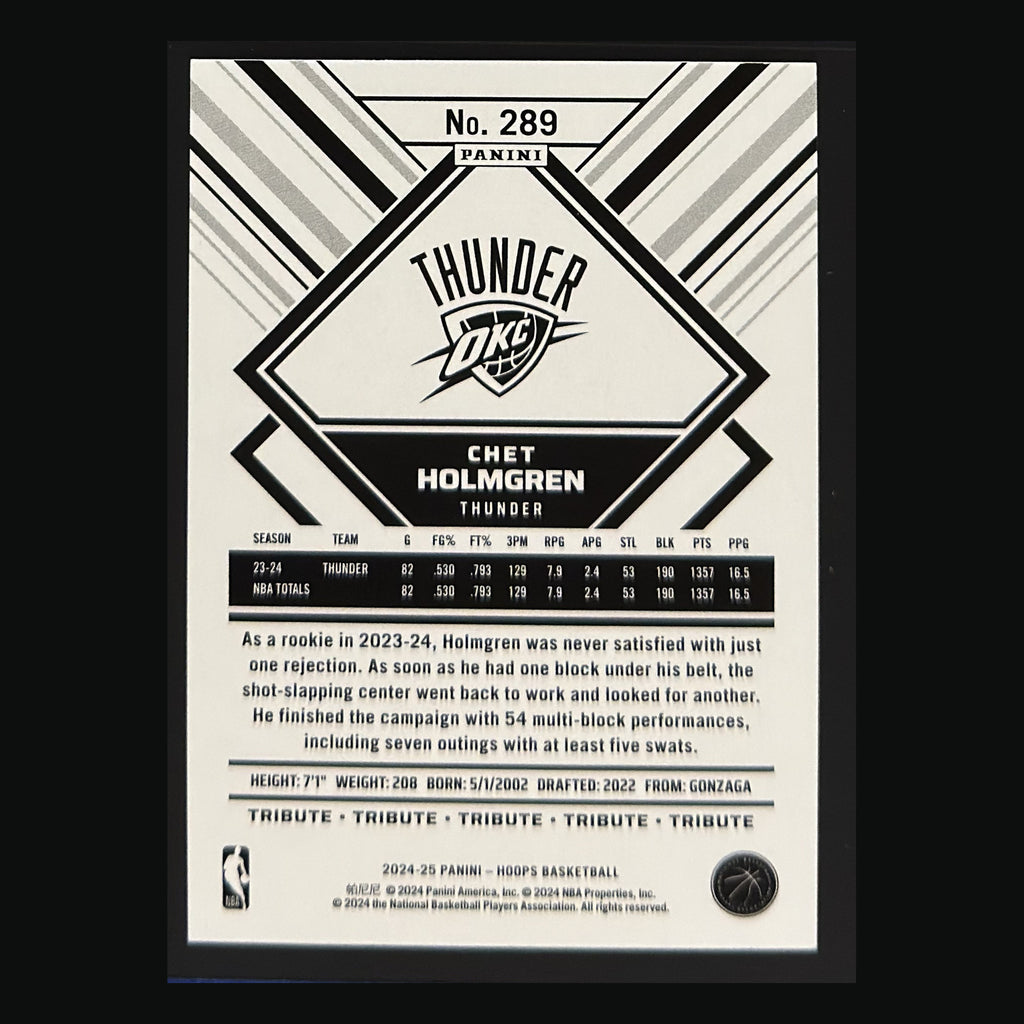 Back of 2024-25 Panini NBA Hoops Hoops Tribute Chet Holmgren #289 — exact card shown