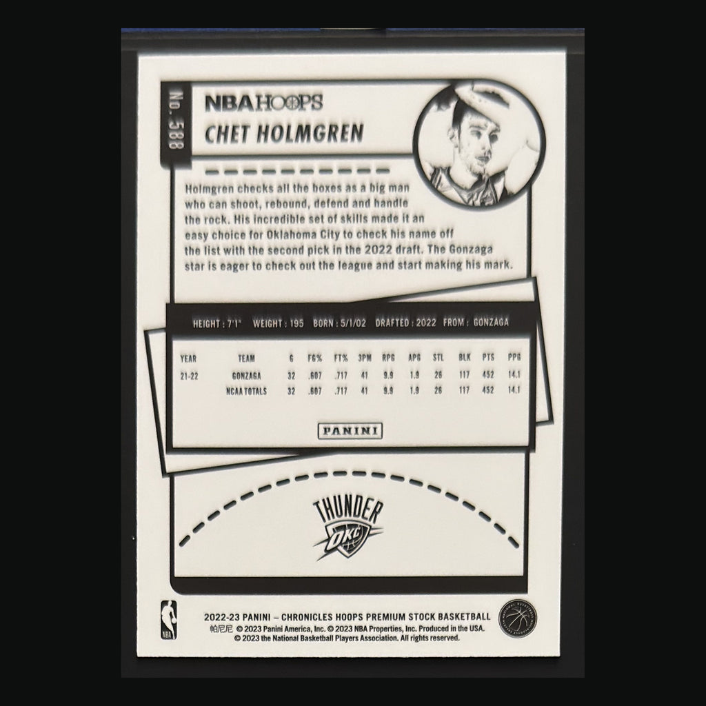 Back of 2022-23 Panini Chronicles Hoops Premium Stock Chet Holmgren RC #588 — exact card shown