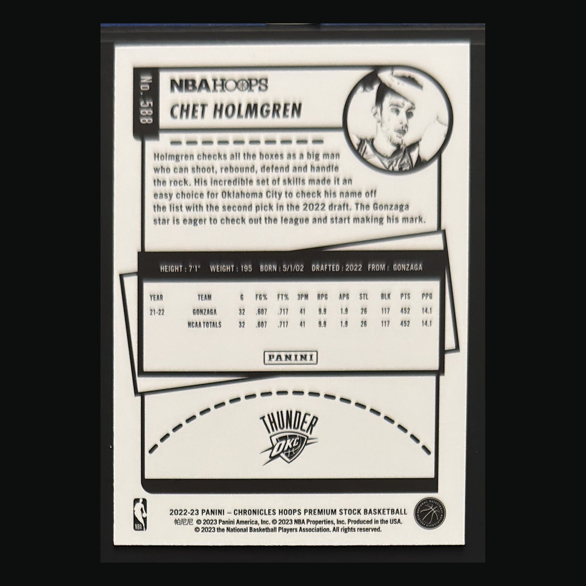 Back of 2022-23 Panini Chronicles Hoops Premium Stock Chet Holmgren RC #588 — exact card shown