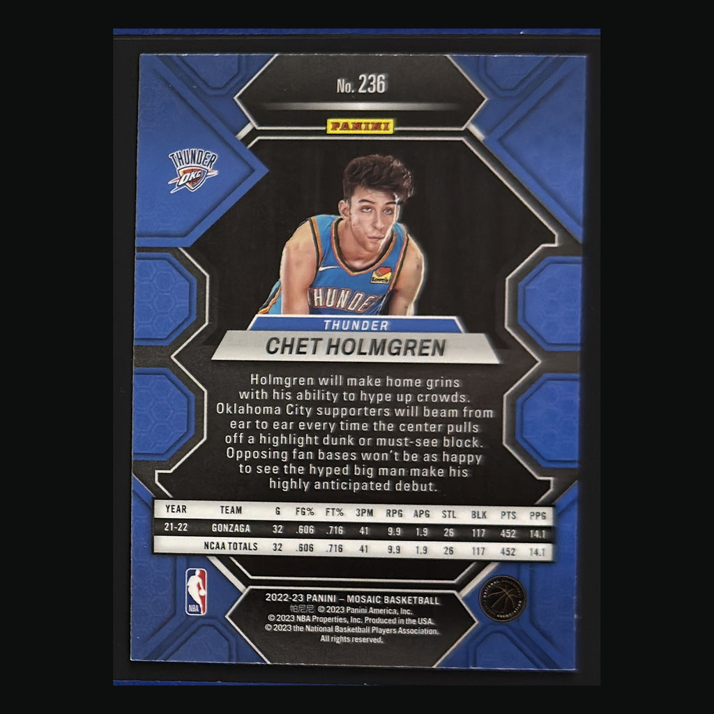 Back of 2022-23 Panini Mosaic Chet Holmgren RC #236 — exact card shown