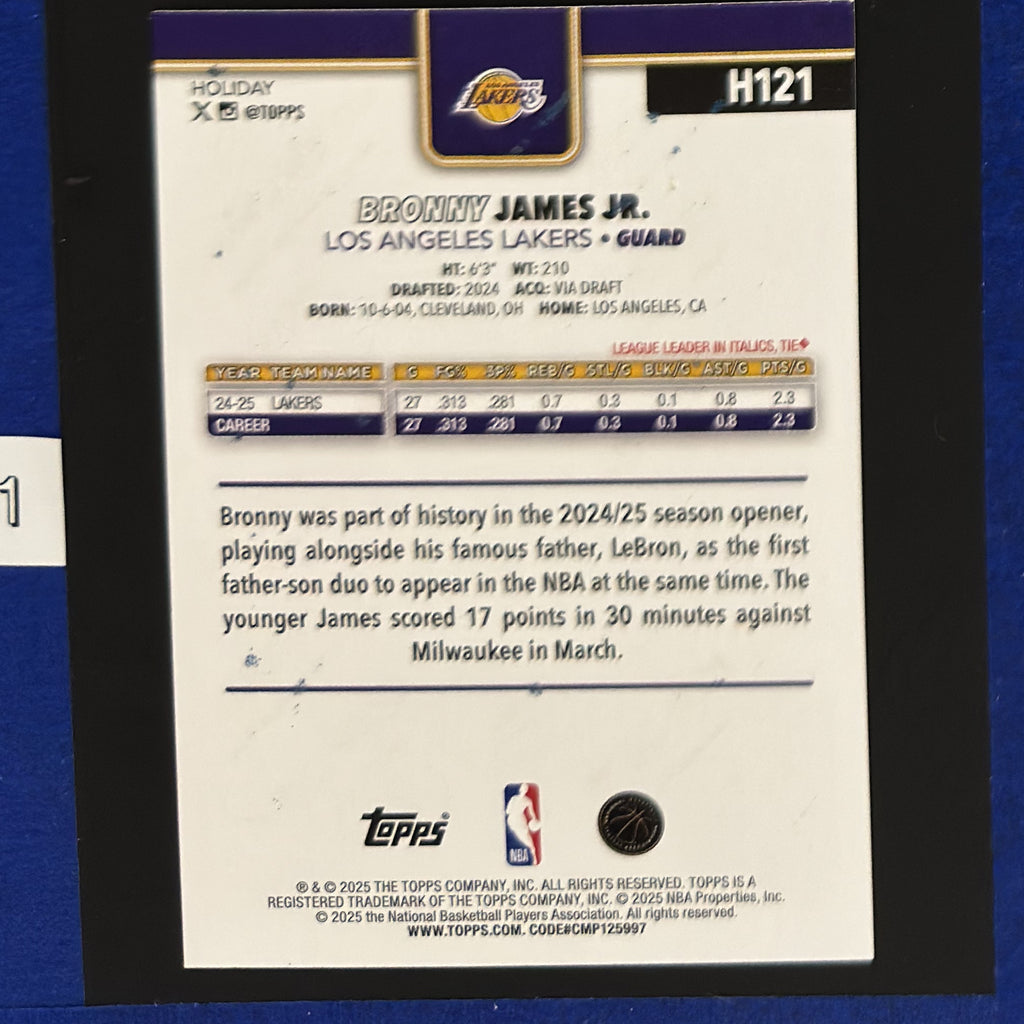 2025-26 Topps Holiday Blue Holiday Bronny James Jr. #H121 — back view
