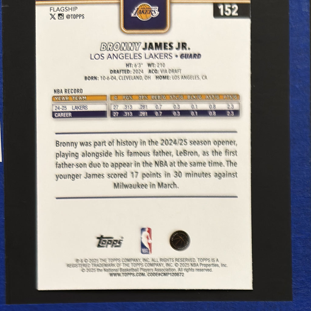 2025-26 Topps Basketball Hoops Short Print Bronny James Jr. #152 — back view