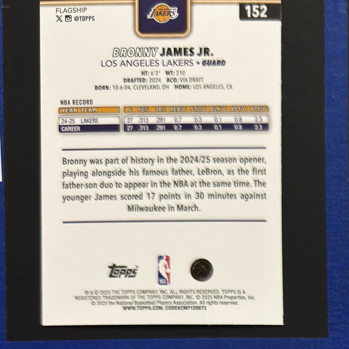 2025-26 Topps Basketball Hoops Short Print Bronny James Jr. #152 — back view