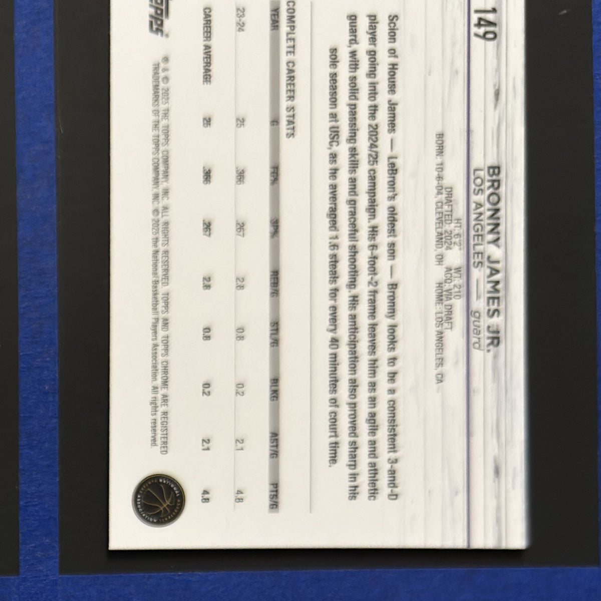2024-25 Topps Chrome Basketball Bronny James Jr. RC #149 — back view