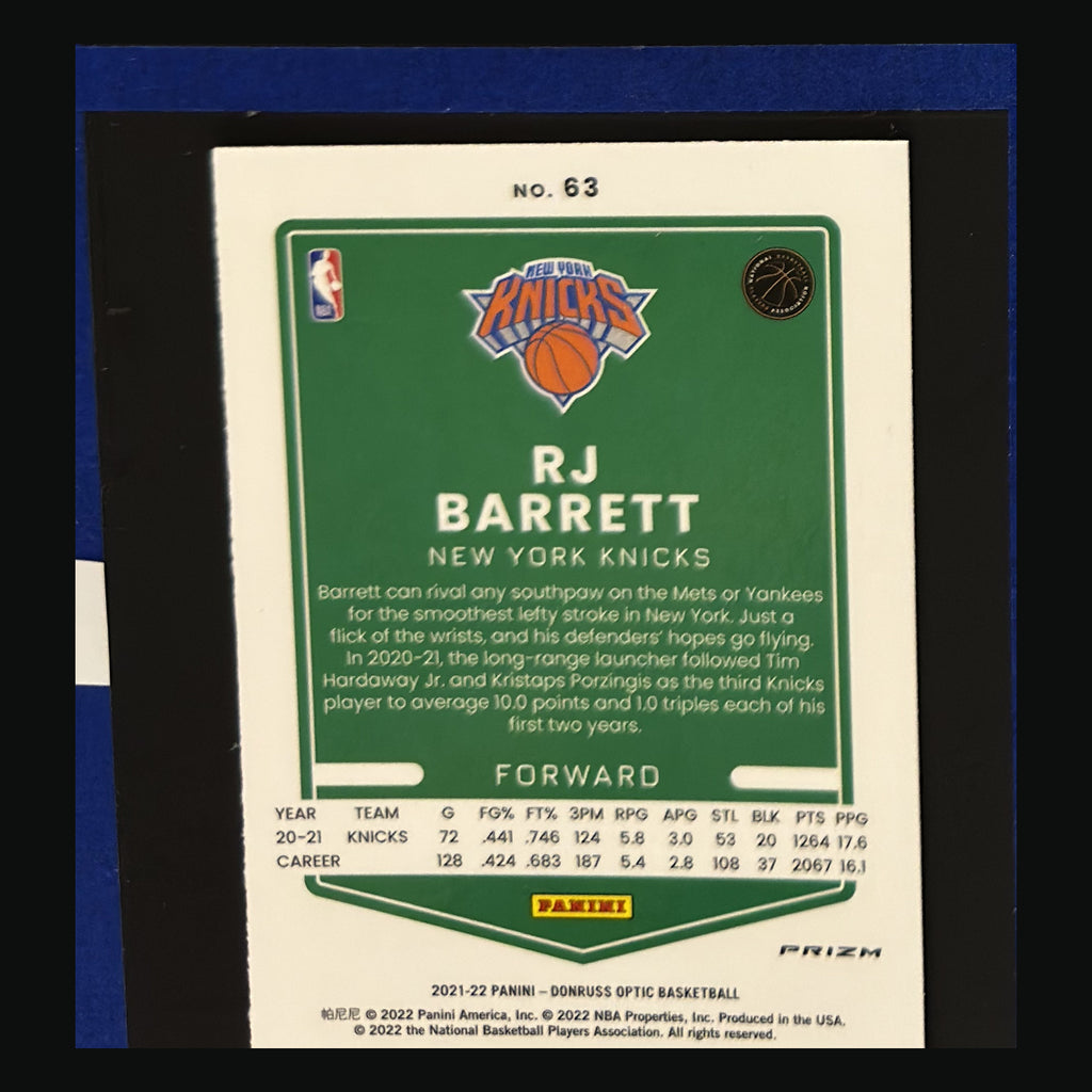 2021-22 Panini Donruss Optic Green Shock Prizm R.J. Barrett #63 — back view