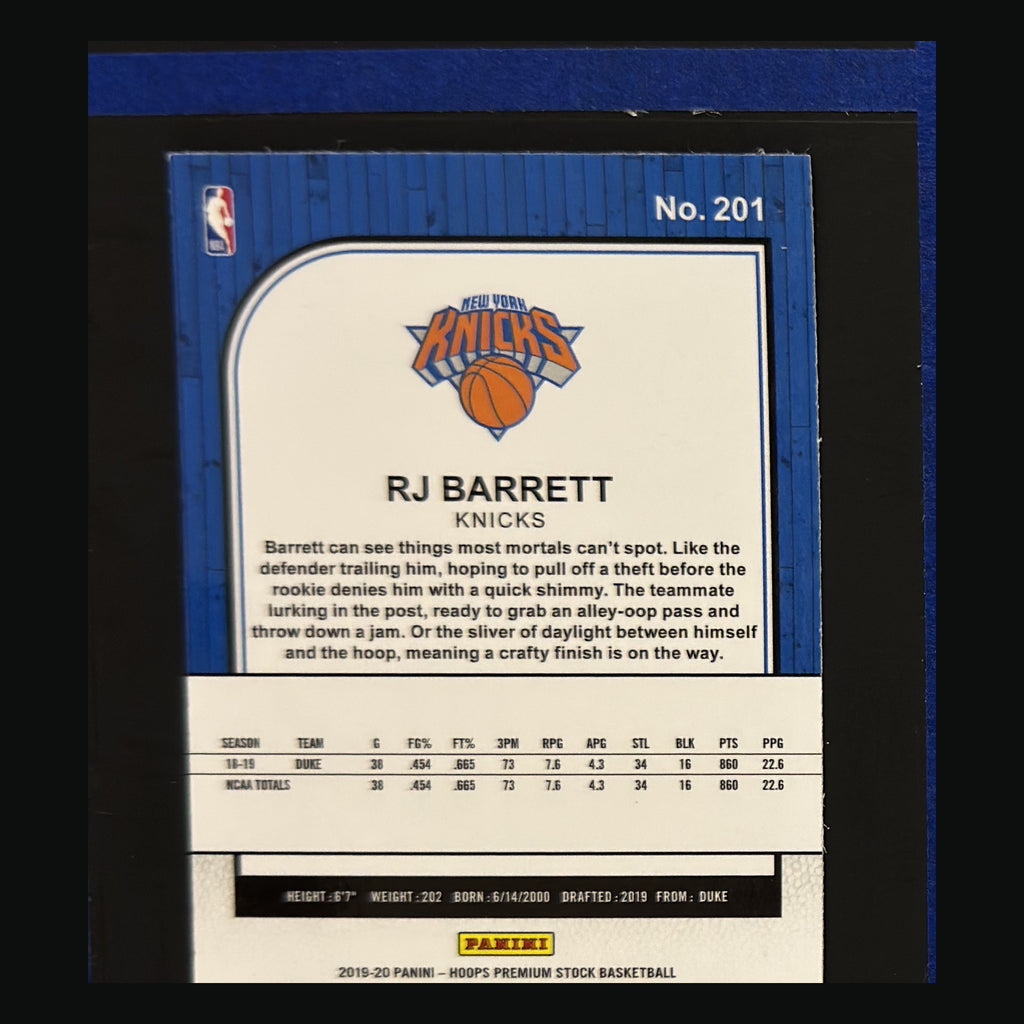 2019-20 Panini NBA Hoops Premium Stock Silver Lazer Prizm R.J. Barrett RC #201 — back view