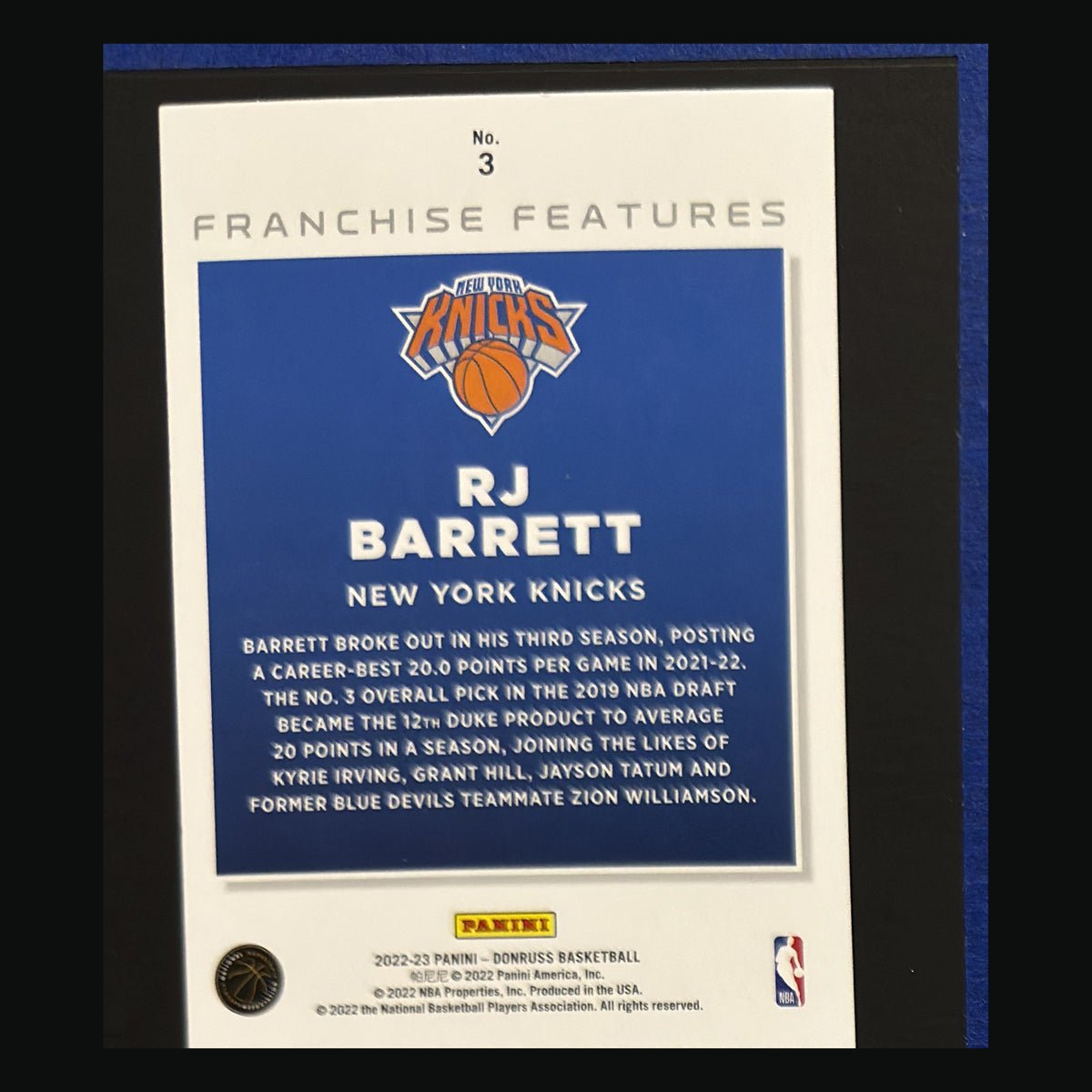 2022-23 Panini Donruss Franchise Features R.J. Barrett #3 — back view