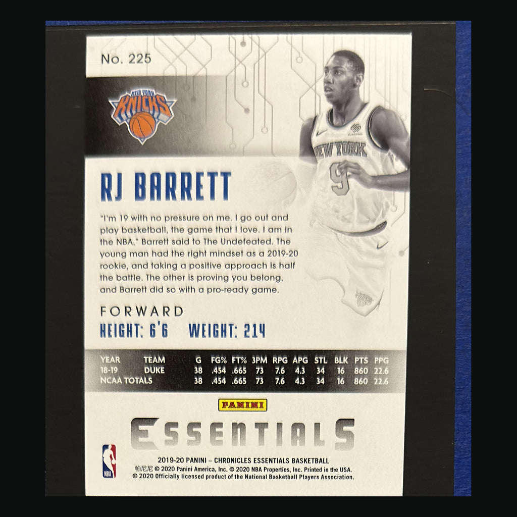2019-20 Panini Chronicles Essentials R.J. Barrett RC #225 — back view