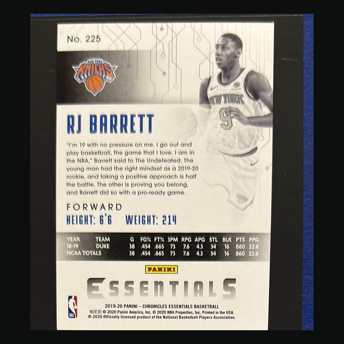 2019-20 Panini Chronicles Essentials R.J. Barrett RC #225 — back view