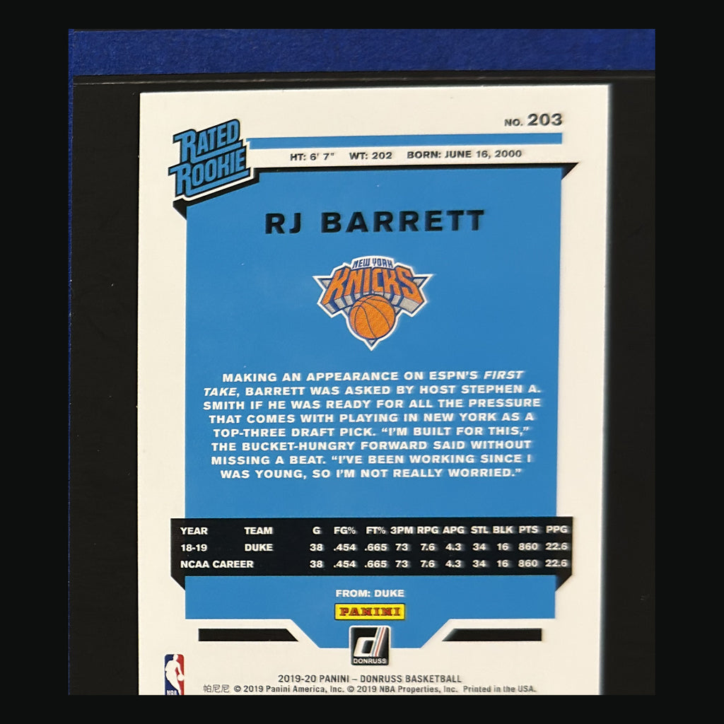 2019-20 Panini Donruss Rated Rookie R.J. Barrett RC #203 — back view