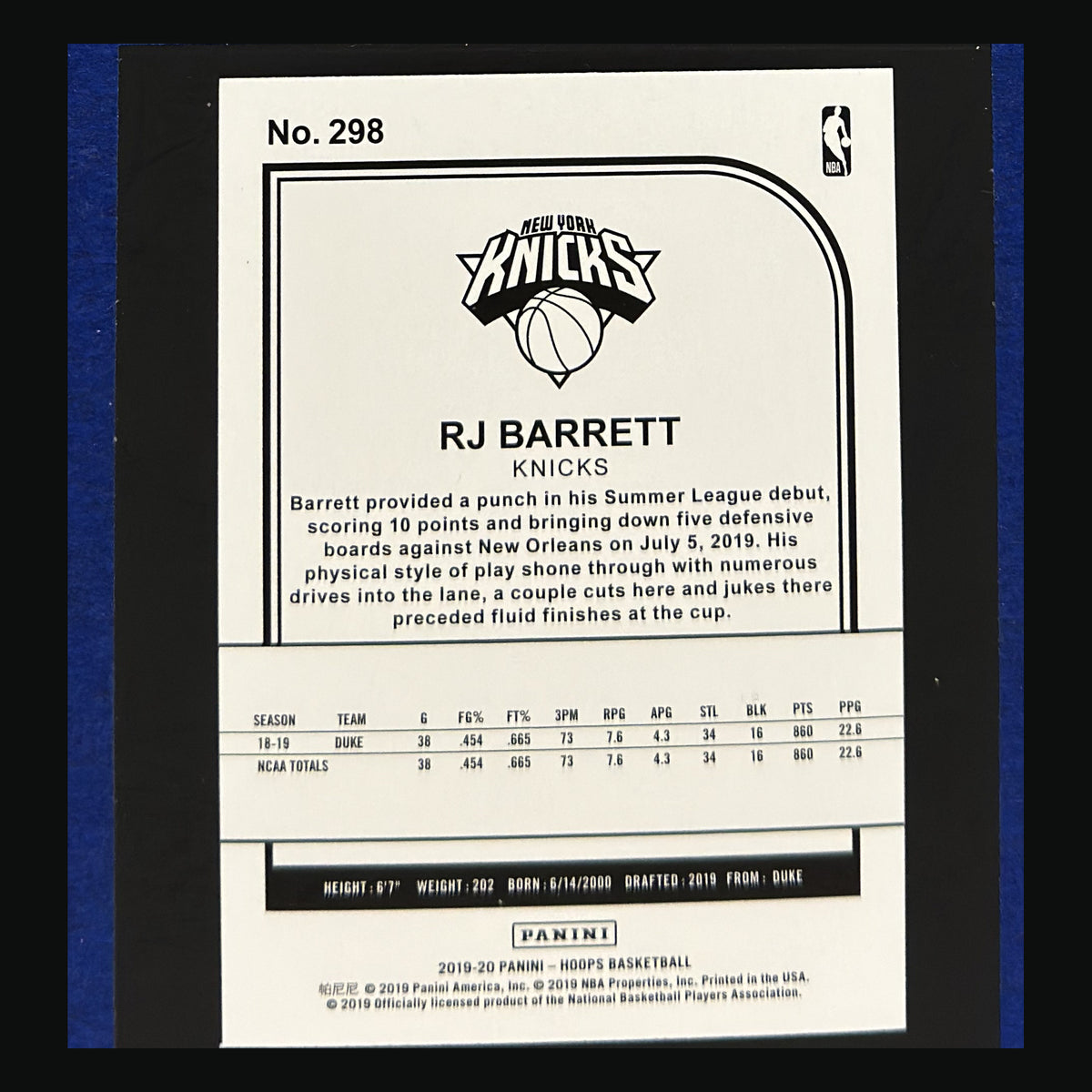 2019-20 Panini NBA Hoops Hoops Tribute R.J. Barrett RC #298 — back view