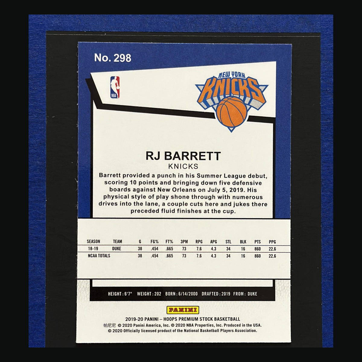 2019-20 Panini NBA Hoops Premium Stock Hoops Tribute R.J. Barrett RC #298 — back view