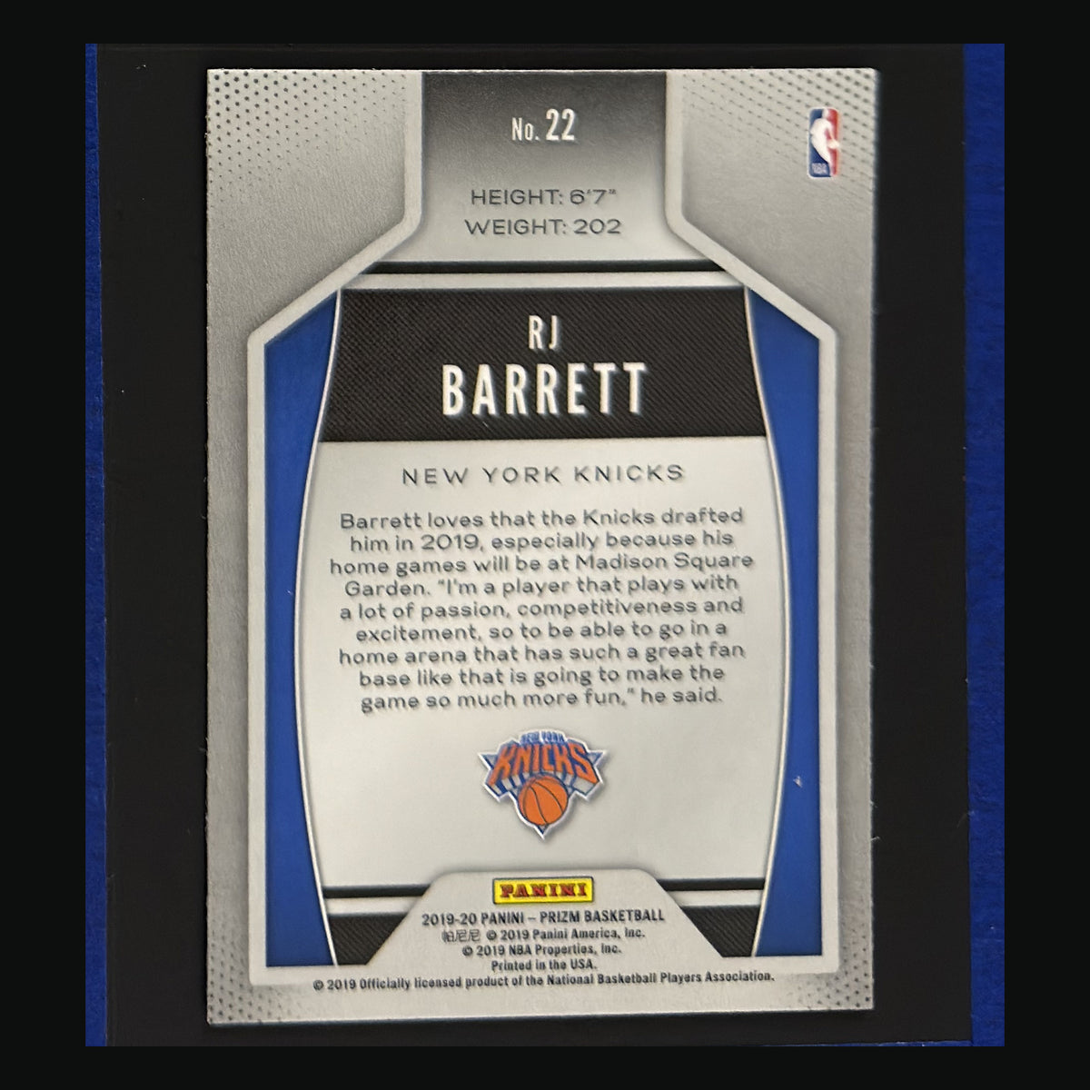 2019-20 Panini Prizm Instant Impact R.J. Barrett RC #22 — back view